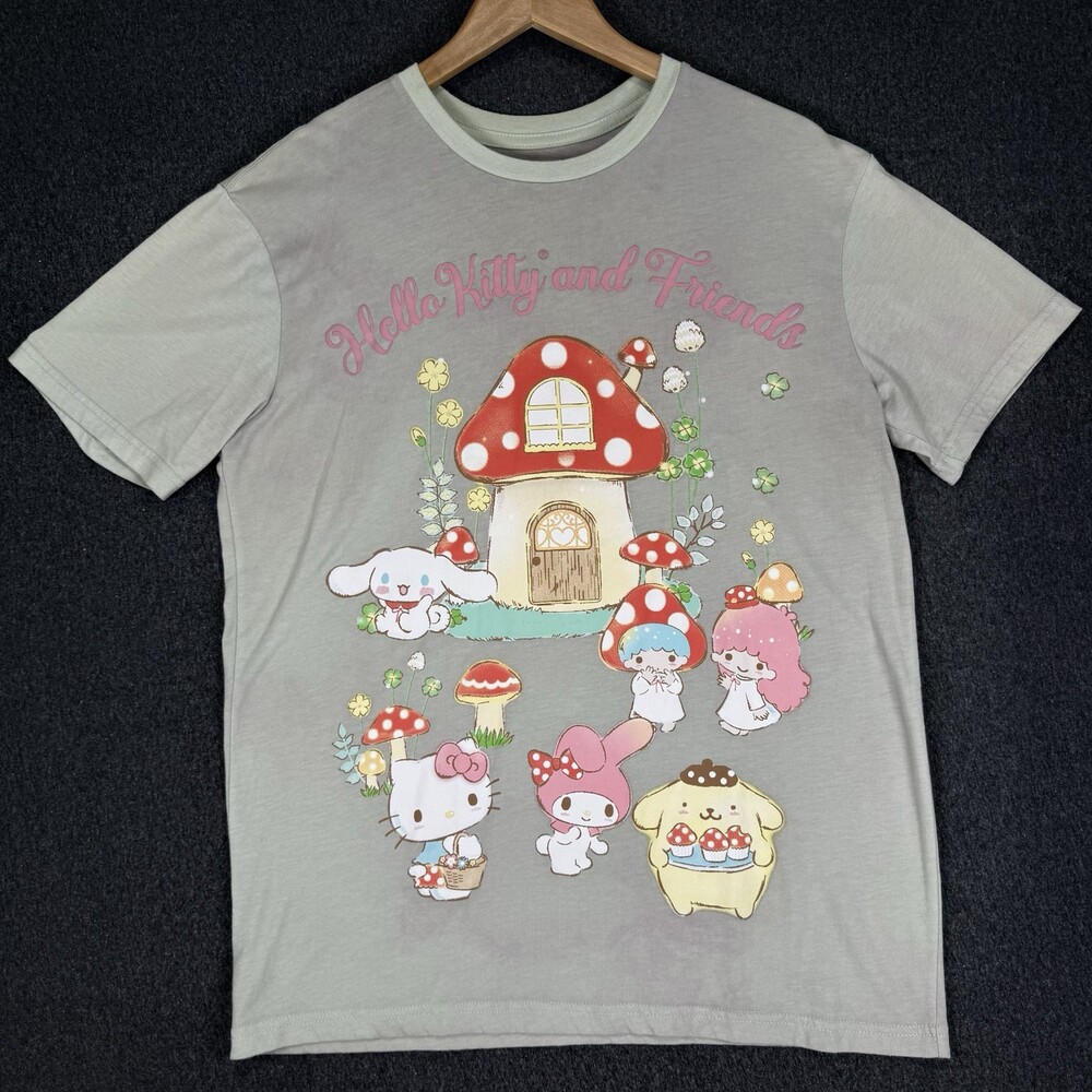 Hello Kitty & Friends Sanrio Mushroom Cottage Gray Graphic T-Shirt Size L